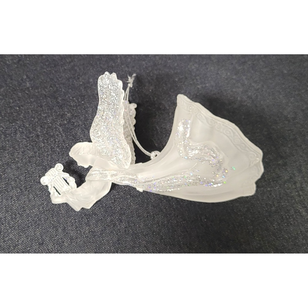 Angel Playing a Lyre Plastic Christmas Ornament Frosted Glittery